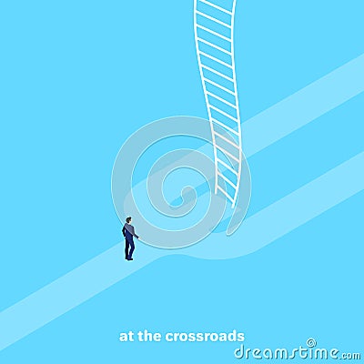 A man in a business suit stands in front of a fork and a ladder up Vector Illustration