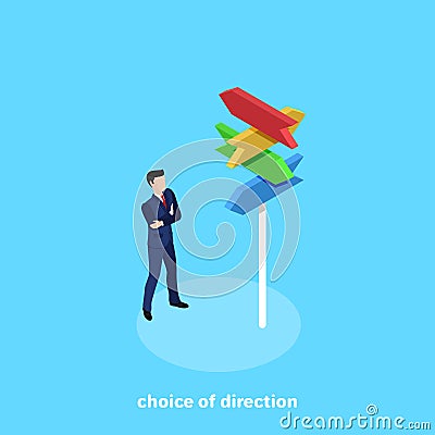 A man in a business suit stands in front of signposts on a column Vector Illustration