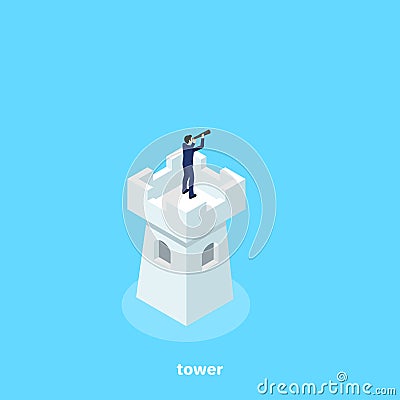 A man in a business suit stands on the tower of the fortress and looks in a telescope Vector Illustration