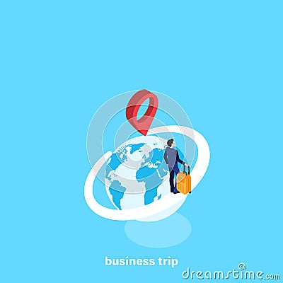 A man in a business suit with a suitcase in his hand and a globe Vector Illustration