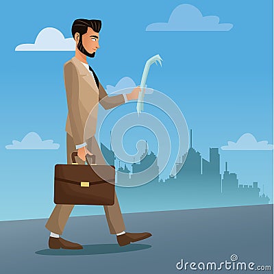 Man business walk stree city with paper and suitcase Vector Illustration