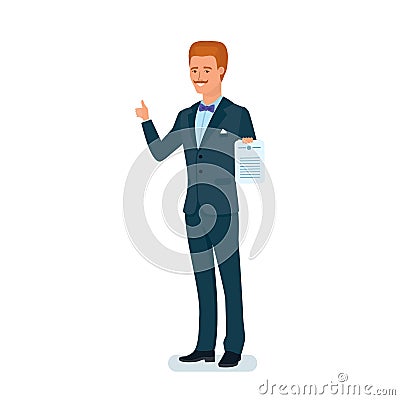 Man, businessman, holding certificate, shows gesture of class, growth, success. Vector Illustration