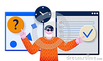 Man businessman solving questions on the background of documents with tasks. Vector Illustration
