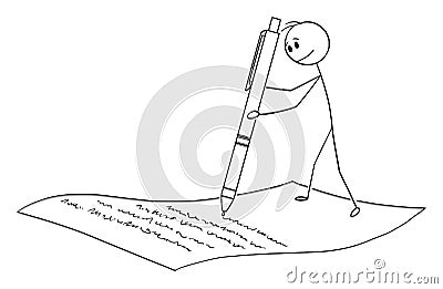 Man or Businessman Writing with Pen on Sheet of Paper, Signing Agreement, Vector Cartoon Stick Figure Illustration Vector Illustration