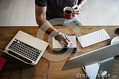 Man Busy Photographer Editing Home Office Concept Stock Photo