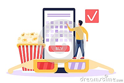 Man buying cinema tickets online. Tiny person reserving movie seats via smartphone application. Male character using Vector Illustration