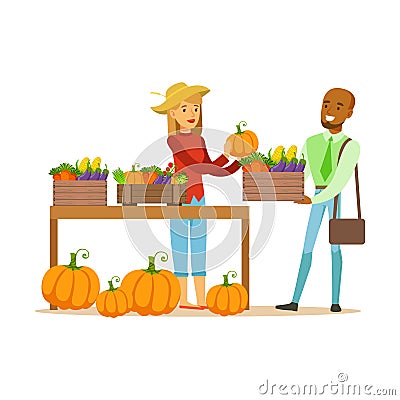Man Buying Vegetables From Farming Stand, Farmer Working At The Farm And Selling On Natural Organic Product Market Vector Illustration