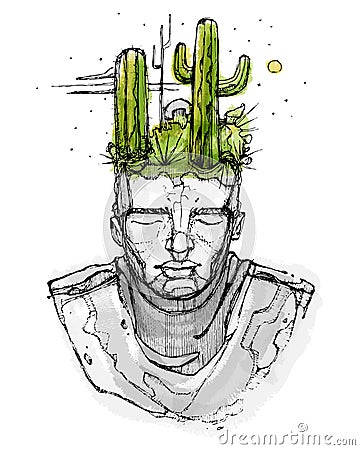 Man with cactus plants on his head Cartoon Illustration