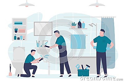 Man called workers from plumbing service. Plumbers fixing pipes in restroom. Workers with different tools repair tubes at sink Vector Illustration