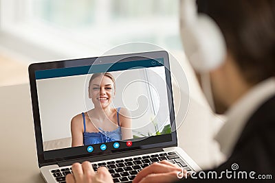 Man calling woman using video chat, virtual dating, distance rel Stock Photo