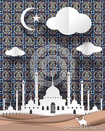 man and camel front of Masjid geometry of Islamic design background vector paper art. paper cut cute illustration Vector Illustration