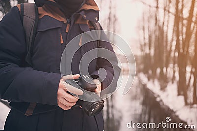 Man with camera close up Stock Photo