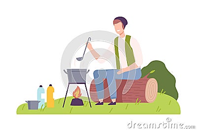 Man Camper Sitting on Log at Campsite and Boiling Soup in Caldron Vector Illustration Vector Illustration