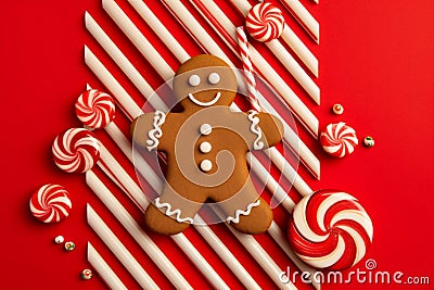 xmas man holiday gingerbread red food sweet christmas cookie decoration man gingerbread background. Generative AI. Stock Photo