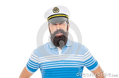 Man captain portrait. Bearded man wearing sailor hat. Nervous man face with beard and mustache Stock Photo