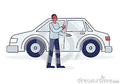 Man car dealer showing new auto for purchase or rent. Vehicle sale service concept Vector Illustration