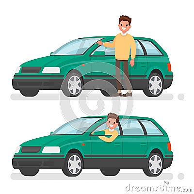 Man and car. A happy buyer of a new vehicle Cartoon Illustration