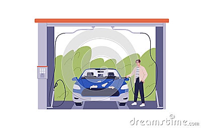 Man at car wash, clean self-service. Person cleaning auto with water, foam, hose at washer station. Driver with hosepipe Vector Illustration