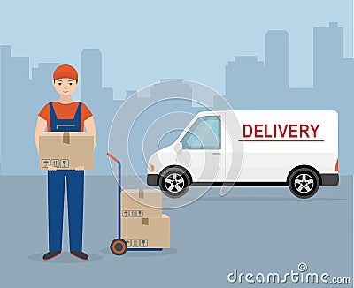 Man with cardboard box and delivery van on city background. Vector Illustration