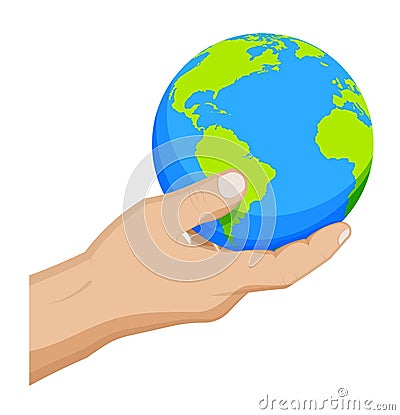 Man carefully holds the globe in his hand. Choosing a destination for travel. Global view of the world. Cartoon vector on white Vector Illustration