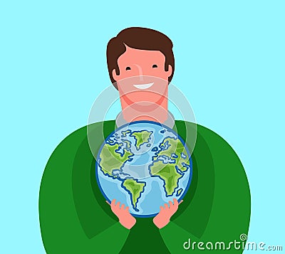 Man carefully holds planet Earth. Ecology, environment, travel concept. Cartoon vector illustration Vector Illustration