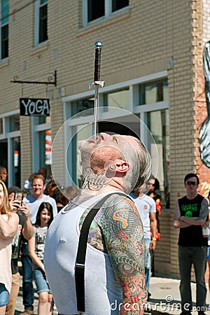 Man Carefully Swallows Sword In Atlanta Street Freak Show Editorial Stock Photo