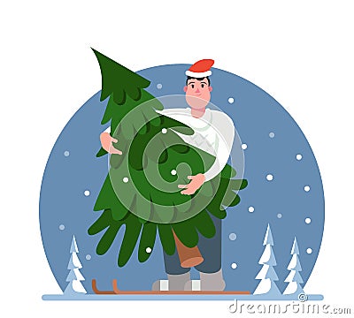 A man carries a Christmas tree. Man in winter clothes skiing in the forest. Vector illustration in a flat style. Vector Illustration