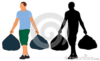 Man carries garbage bags. Vector silhouette illustration Vector Illustration
