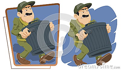 Man carries garbage tank. Funny people Vector Illustration
