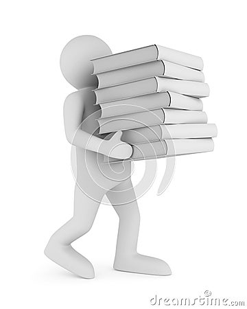 Man carry pile books on white background. Isolated 3D illustration Cartoon Illustration