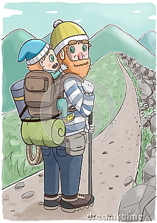 Man carrying a baby in backpack and hiking on a mountain trail Cartoon Illustration