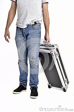 Man carrying black briefcase on white background Stock Photo