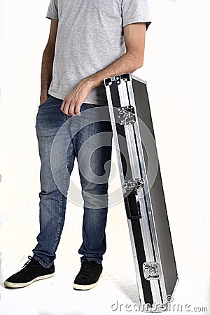 Man carrying black briefcase on white background Stock Photo