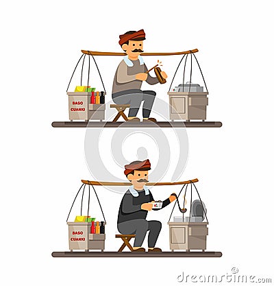 Man carrying cart to selling Baso Cuanki is Meatball Soup traditional street food from West Java. Indonesia concept vector Vector Illustration