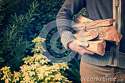 Man carrying firewood logs Stock Photo