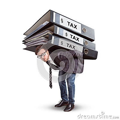 Man carrying a giant stack of tax folders isolated on white Stock Photo