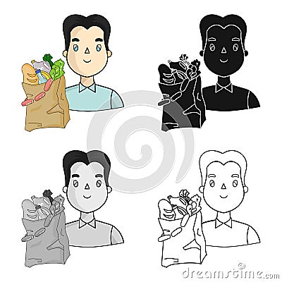 Man carrying grocery paper bag full of food icon in cartoon style isolated on white background. Supermarket symbol stock Vector Illustration