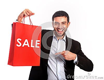 Man carrying a red sale shopping bag Stock Photo