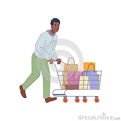 Man carrying shopping trolley cart with paper bags Vector Illustration
