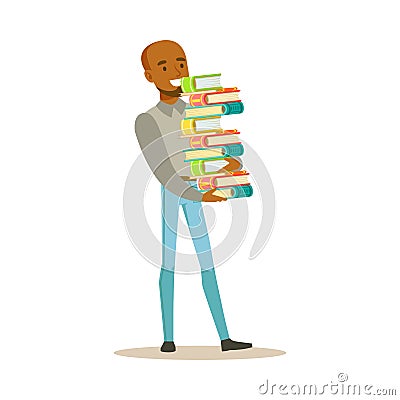 Man Carrying Tall Pile Of Books, Smiling Person In The Library Vector Illustration Vector Illustration