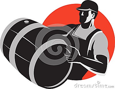 Man Carrying Wine Barrel Cask Keg Retro Vector Illustration