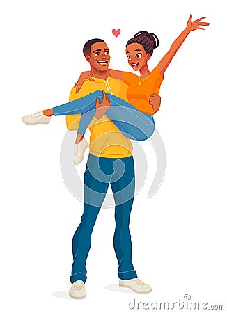 Man carrying woman. Happy smiling joyful black couple. Isolated vector illustration. Vector Illustration