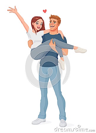 Man carrying woman. Happy smiling joyful couple. Isolated vector illustration. Vector Illustration