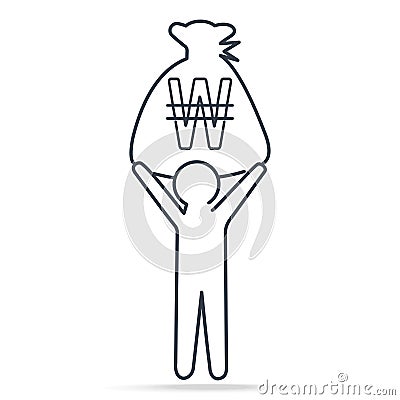 Man carrying Won KRW currency in bag money, simple line icon Vector Illustration