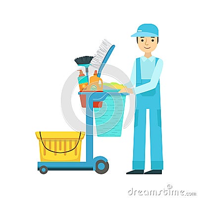 Man With Cart Filled With Special Equipment And Tools, Cleaning Service Professional Cleaner In Uniform Cleaning In The Vector Illustration