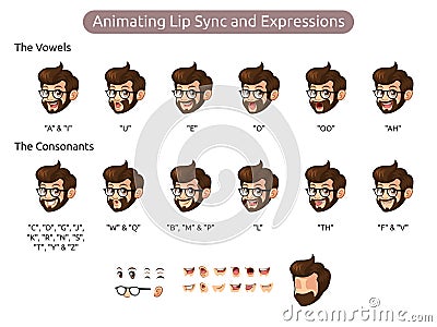 Man Cartoon Character for Animating Lip Sync and Expressions Vector Illustration