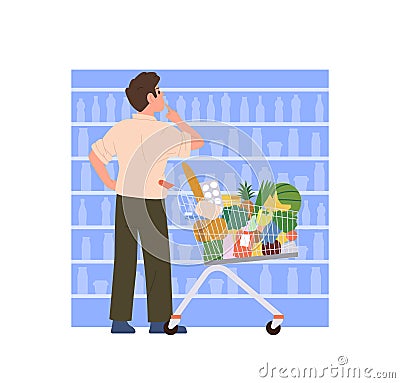 Man cartoon character visiting supermarket doing shopping at dairy store department choosing product Vector Illustration