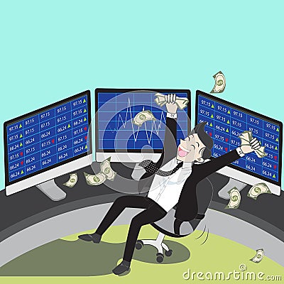 A man cartoon happy with stock market Vector Illustration