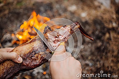 Man carving grilled rabbit meat in forest camp. Top view. Stock Photo