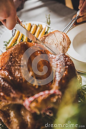 Man carving roasted turkey Stock Photo